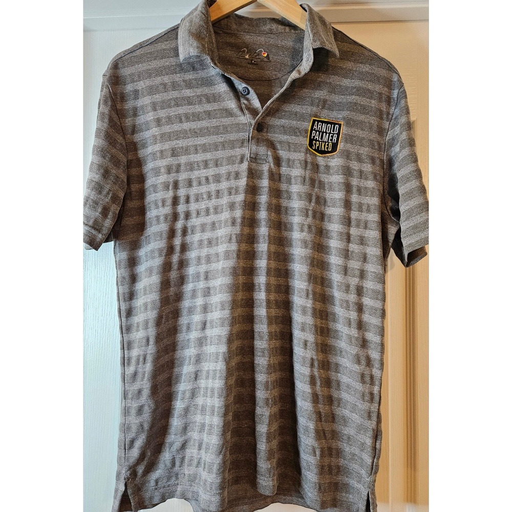 Arnold Palmer Spiked Mens Grey Striped Golf Polo Shirt Medium Short Sleeve Logo - Picture 1 of 8